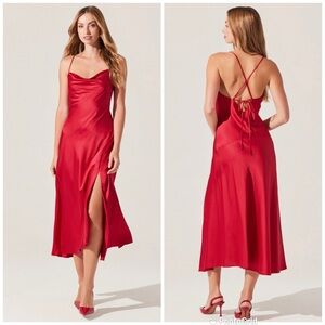 ASTR The Label Gaia Red Satin Slip Dress Midi‎ Thigh Slit Size XS